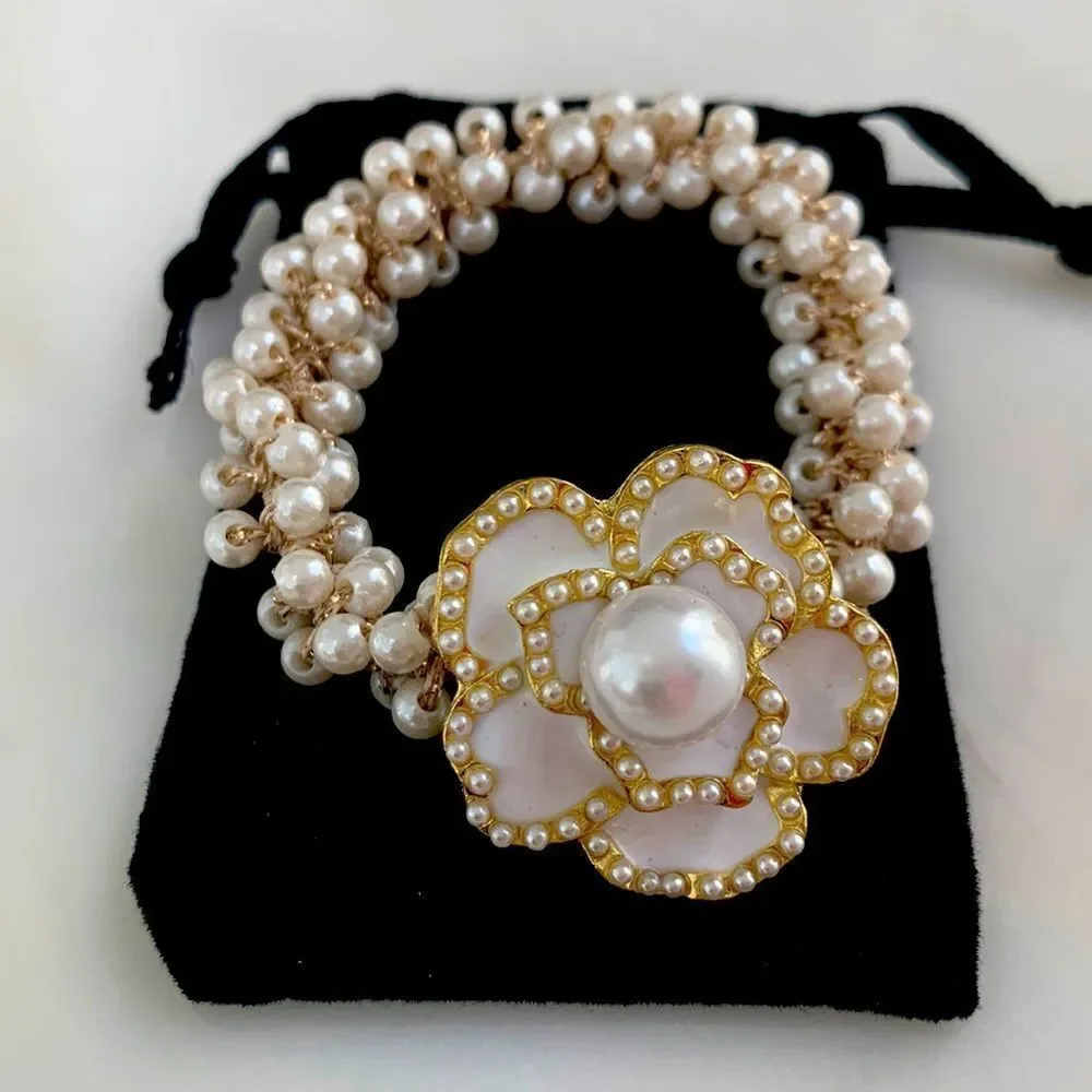 Camellia Flower Hair Tie with Faux Pearls – White Enamel & Golden Charm